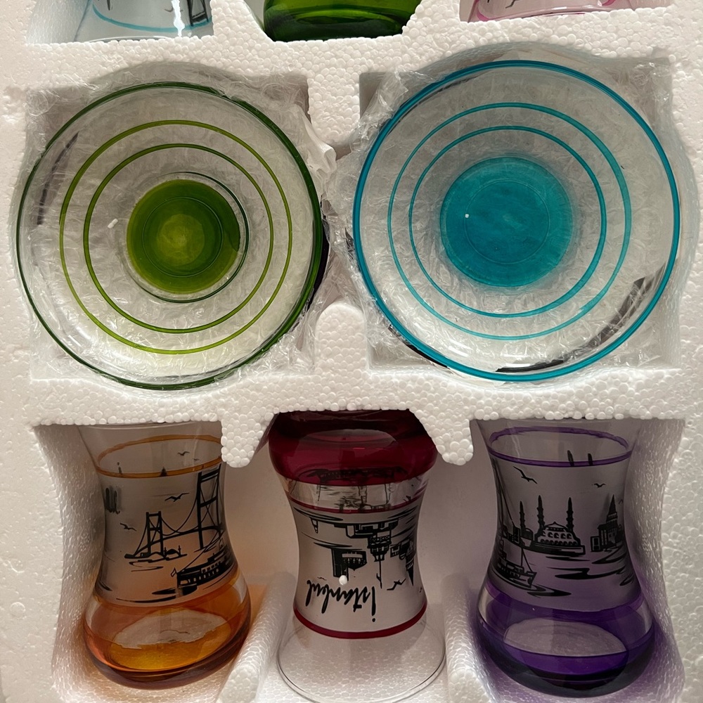 6 sets of tea cups saucers from Turkey. 6 different colors.